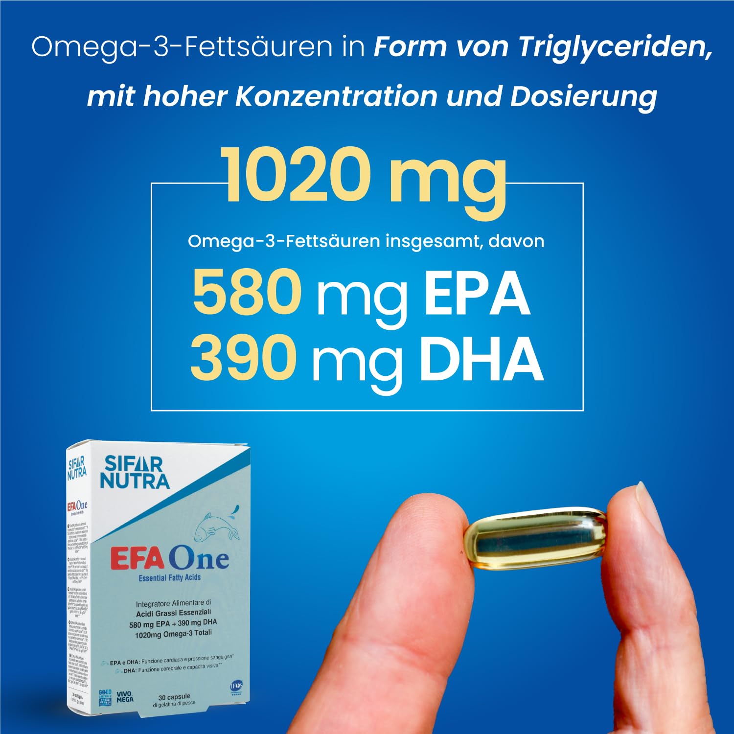 Sifar Nutra EFA One | IFOS 5-Sterne zertifiziert |Fischöl Omega 3 1020 mg| 580 mg EPA +390 mg DHA | Herzfunktion |Nahrungsergänzungsmittel für das Gedächtnis|Triglyceridform| 90 Kapseln (3 Packungen)