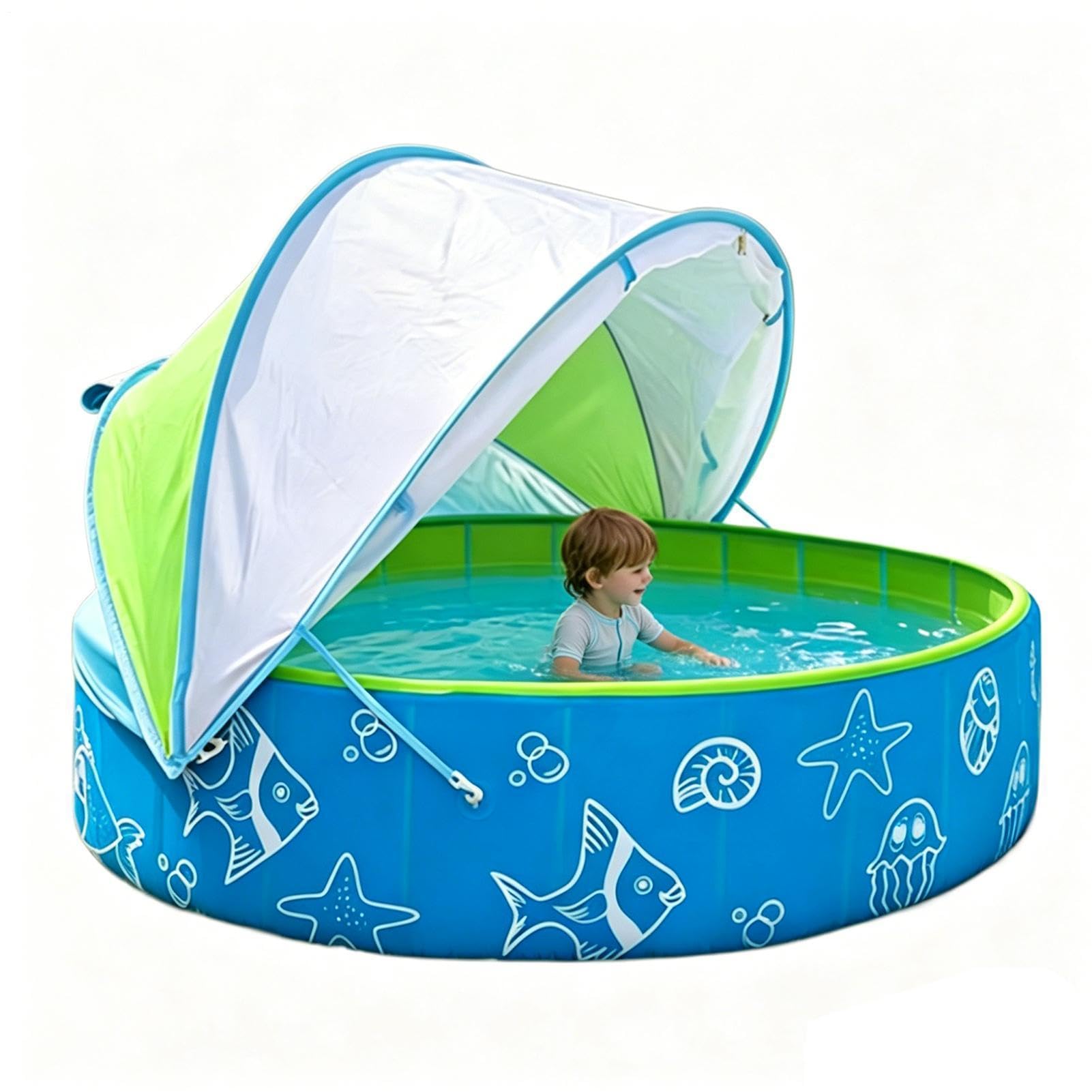 Kids Pool With Shade，47.2x11.8 Inch Non Inflatable Foldable Portable Tub