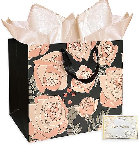 AMROSE Bolsas de regalo grandes de 13 pulgadas con tarjeta y papel de seda, bolsa de regalo de papel reciclable para cumpleaños, día de la madre,
