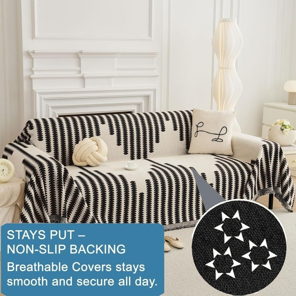 Black Chenille Sofa Cover - Reversible & Anti-Slip -5