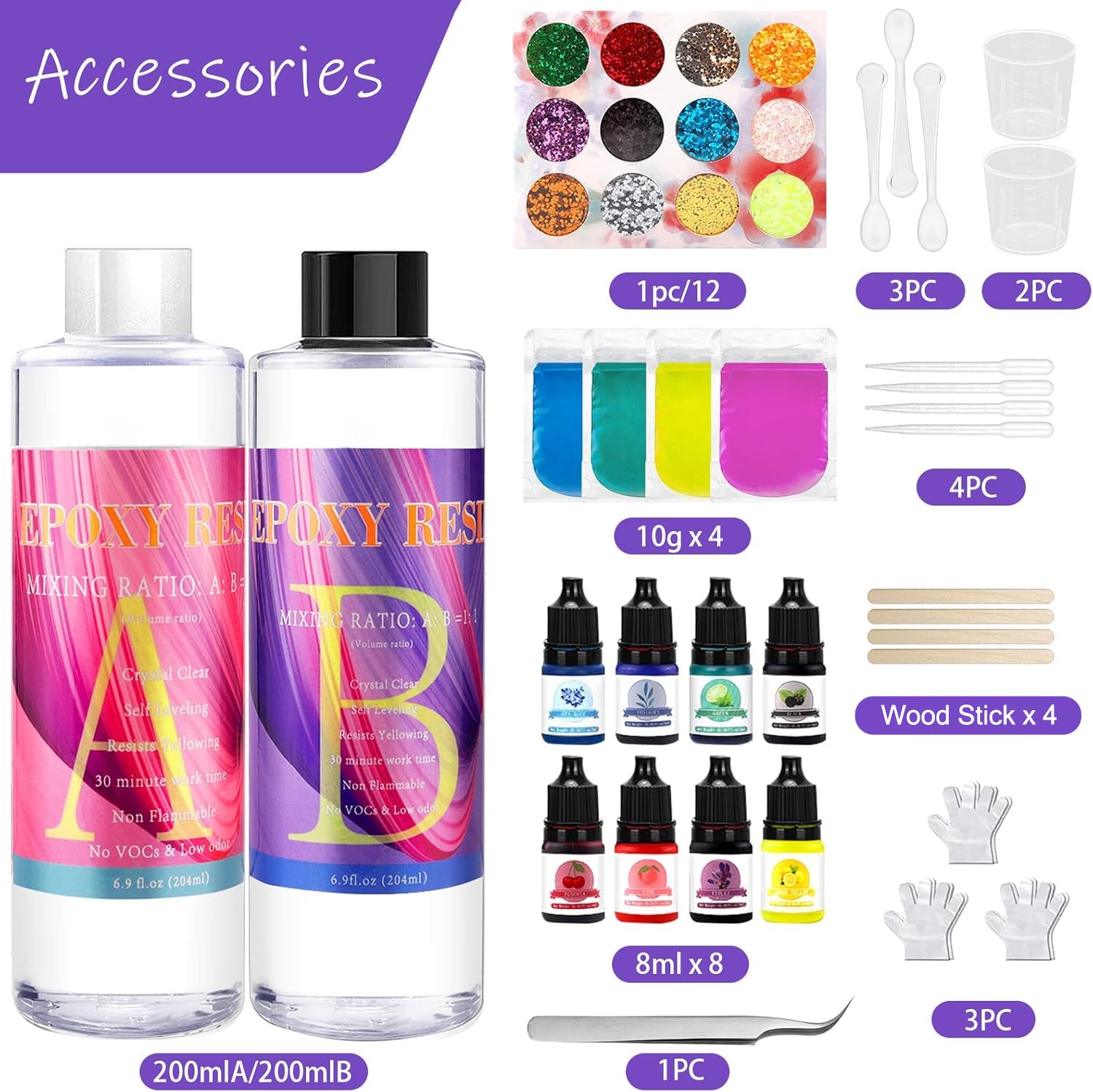 MCNory Resina Epoxi Kit 2 partes 400ml,Resina Epoxi Transparente Manualidades, Kit Fabricación de Joyas con Purpurina, Pigmento, para Bricolaje,Artesanía, hacer Colgante, Joyas, Llavero