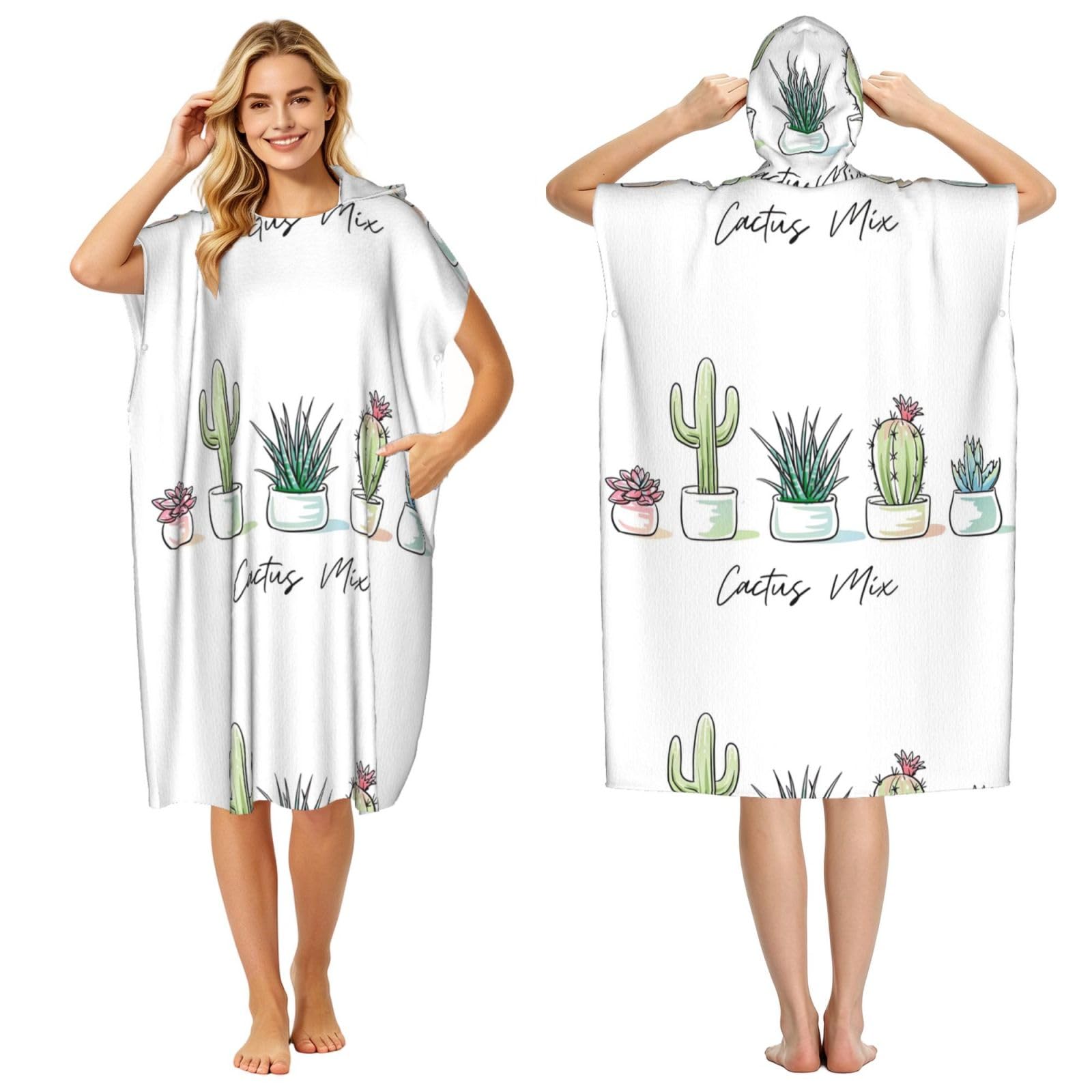 Poadnly Cute Cactus Succulent Cacti, Adult Hooded Beach Towel 90 x 110 cm,Changing Bath Robe, Surf Poncho Towel For Women Men