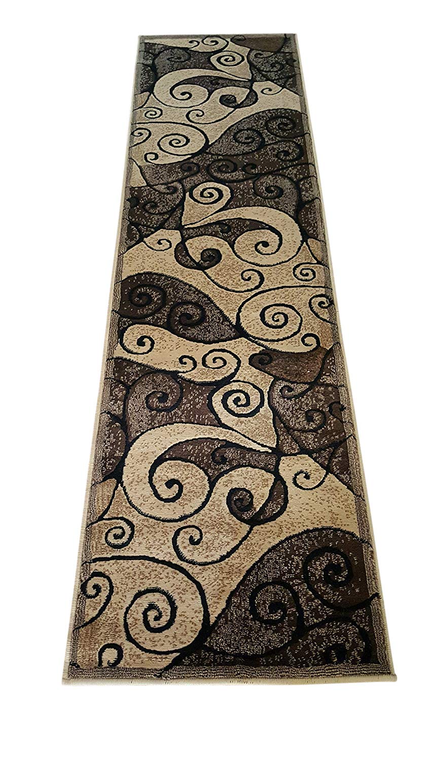 Modern Runner Abstract Contemporary Swirl Gallery Rug Beige Berber Black Design GL23 ( 2 Feet X 7 Feet 1 Inch )
