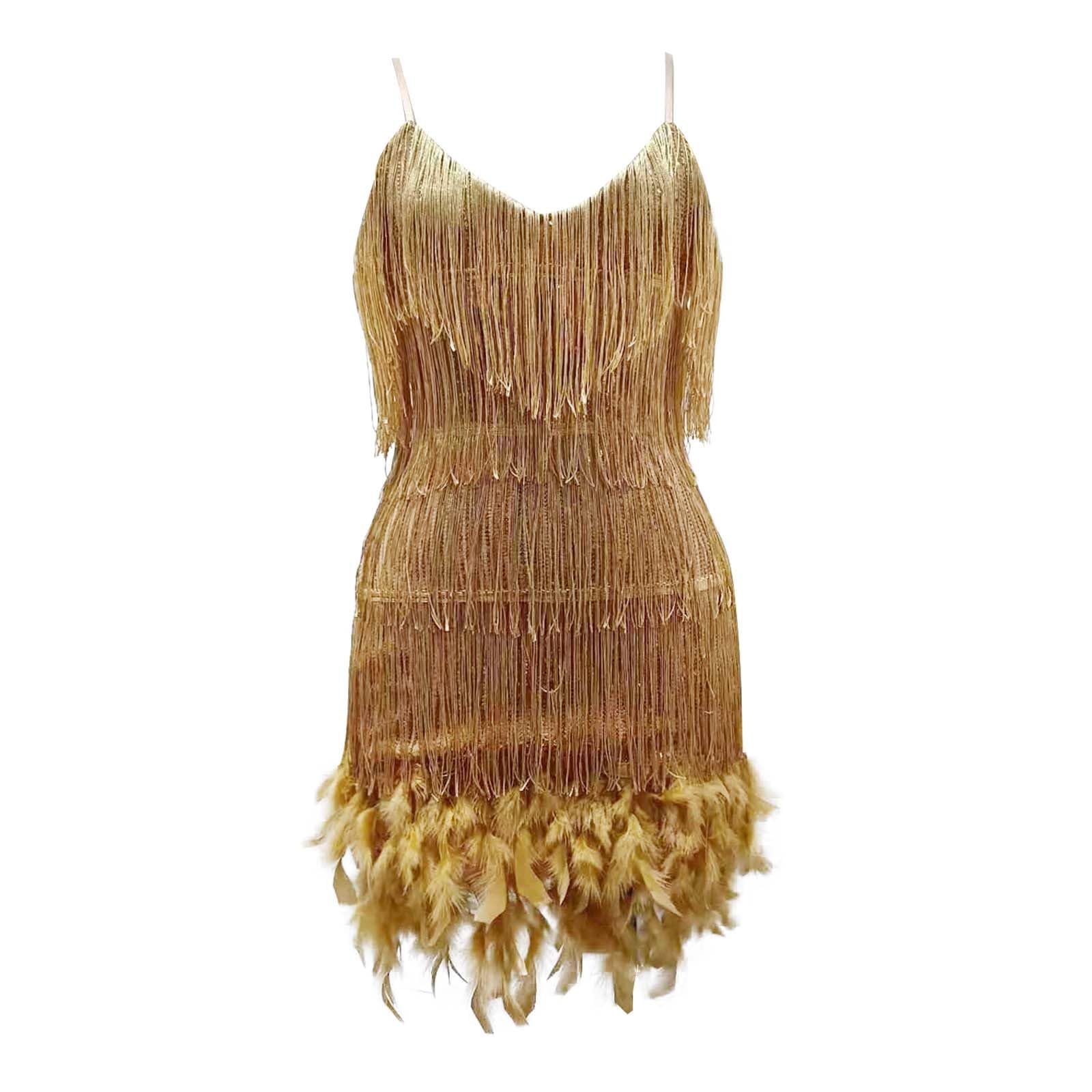 Abendkleid Damen V Ausschnitt Pailletten Fransen Feder