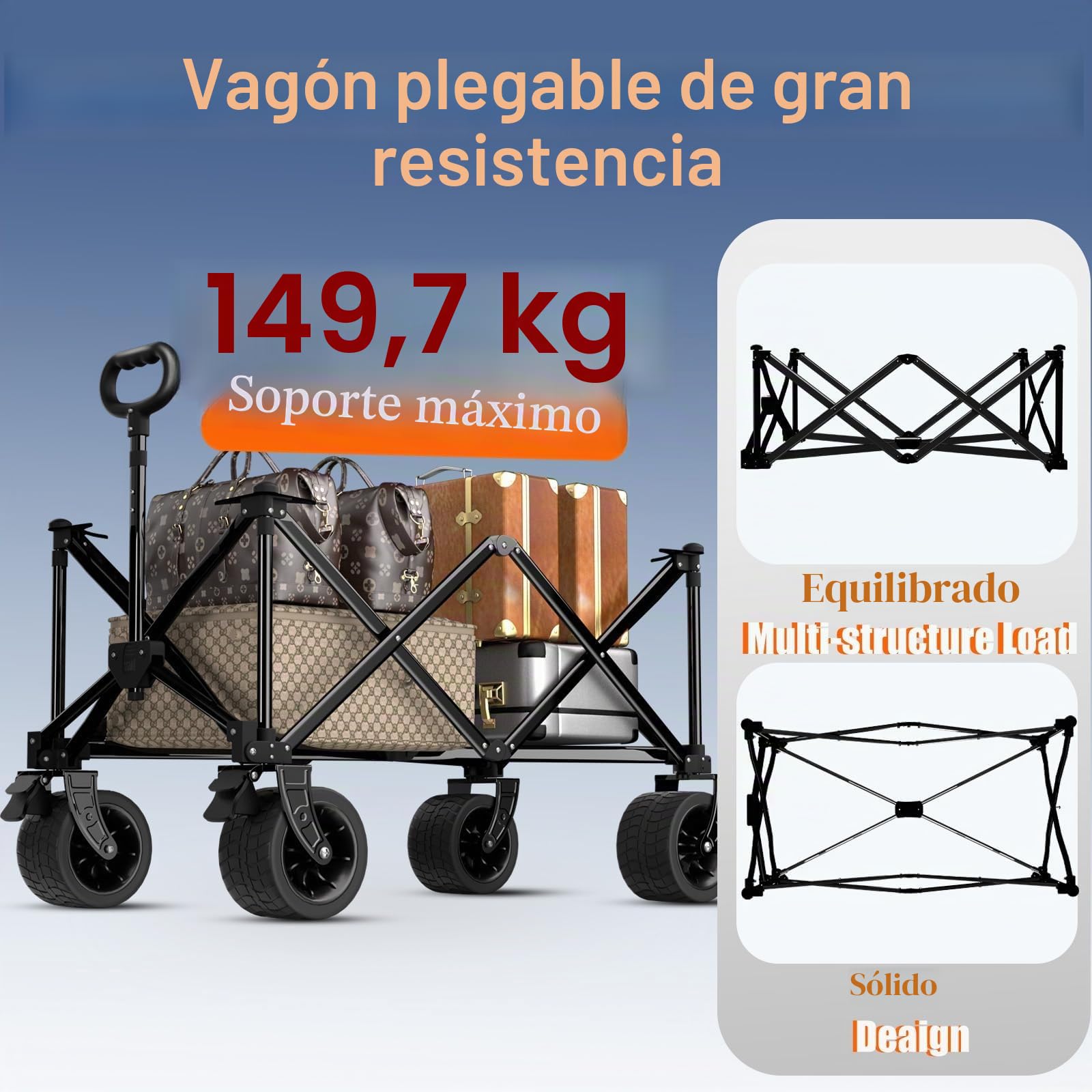 Carro Playa Plegable con Ruedas Grandes, Carrito Playa Plegable Asa Ajustables, Carro Transporte Playa ara Jardín Camping