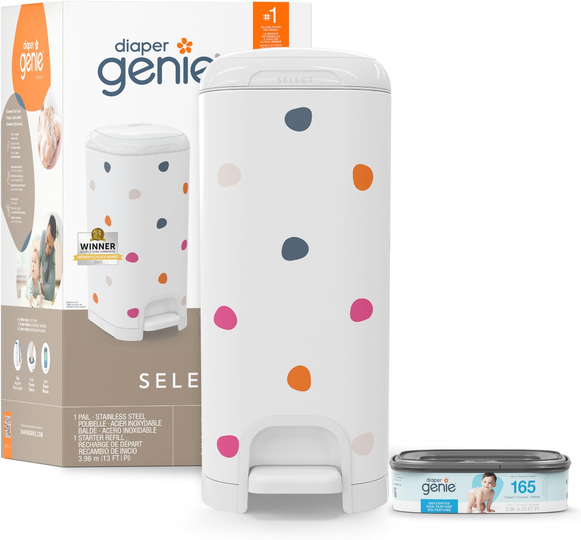 Diaper Genie Select Pail (Multi-Color Polka Dot) is Made of Durable Stainless Steel and Includes 1 Starter Square Refill That can Hold up to 165 Newborn-Sized Diapers.