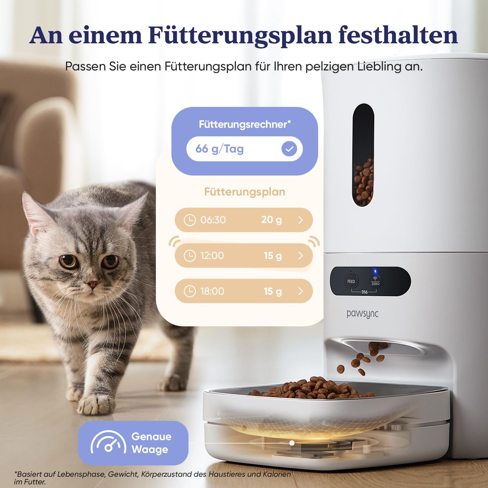 Pawsync Smart Futterautomat, Farbwechselnde Erinnerung, Haustierfutter-Trockenmittel hält Futter trocken & frisch, bis zu 3 Monate, App-Benachrichtigungen, Cremeweiß