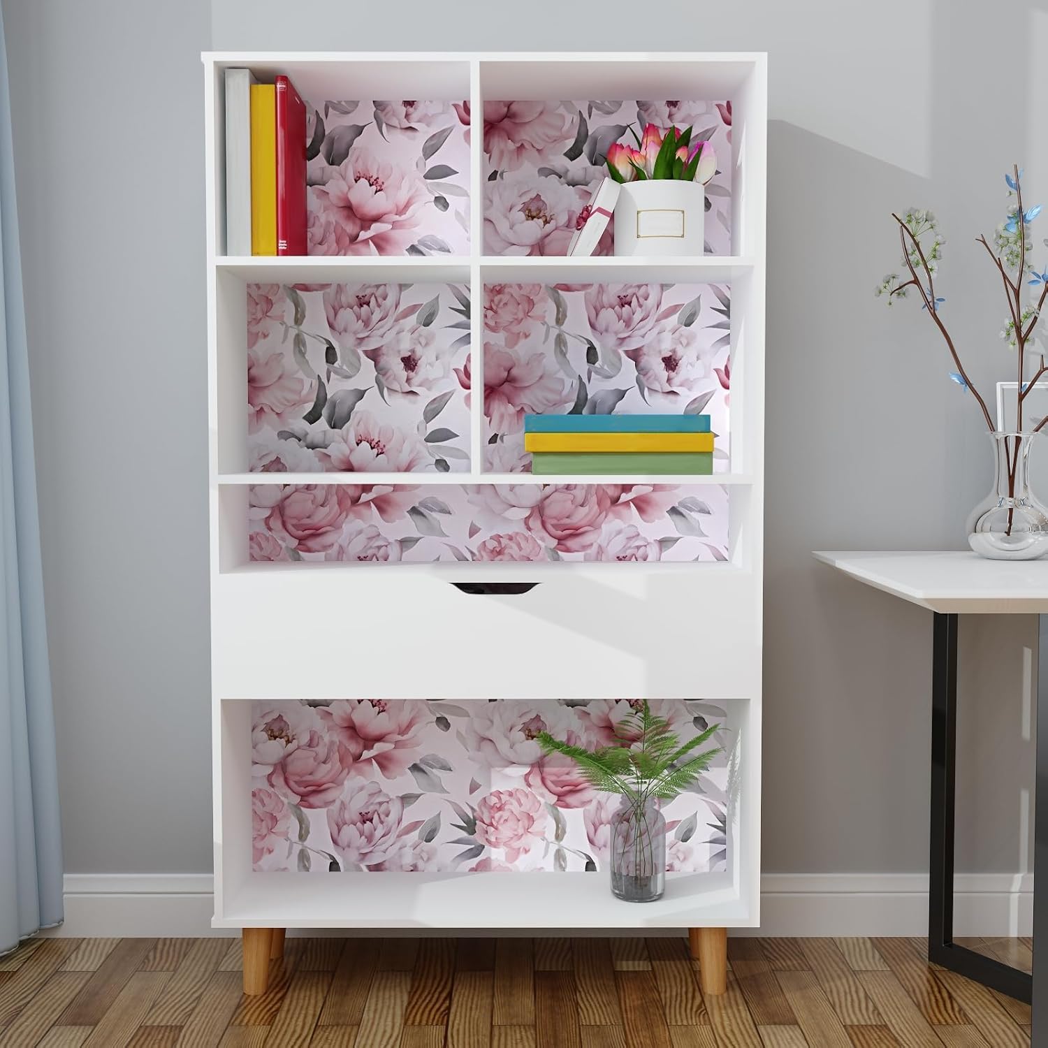 Floral Wallpaper Peel and Stick, Large White & Pink Flowers Contact Paper 17.5" x 118", Modern Peony Wall Paper Self Adhesive Removable Waterproof for Room Walls Shelves Cabinet Drawer Table Decor