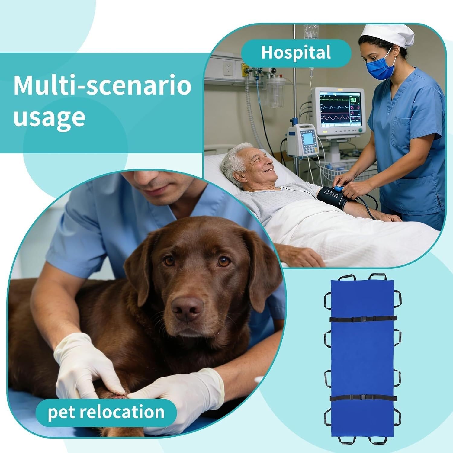 Tragbare Transporttrage mit 12 Gummigriffen und Tragetasche – Hundetrage und Trage, geduldiger Tiertransporter for die Notfallevakuierung von Verletzten, 400 Pfund Kapazität(Blue,2pack)