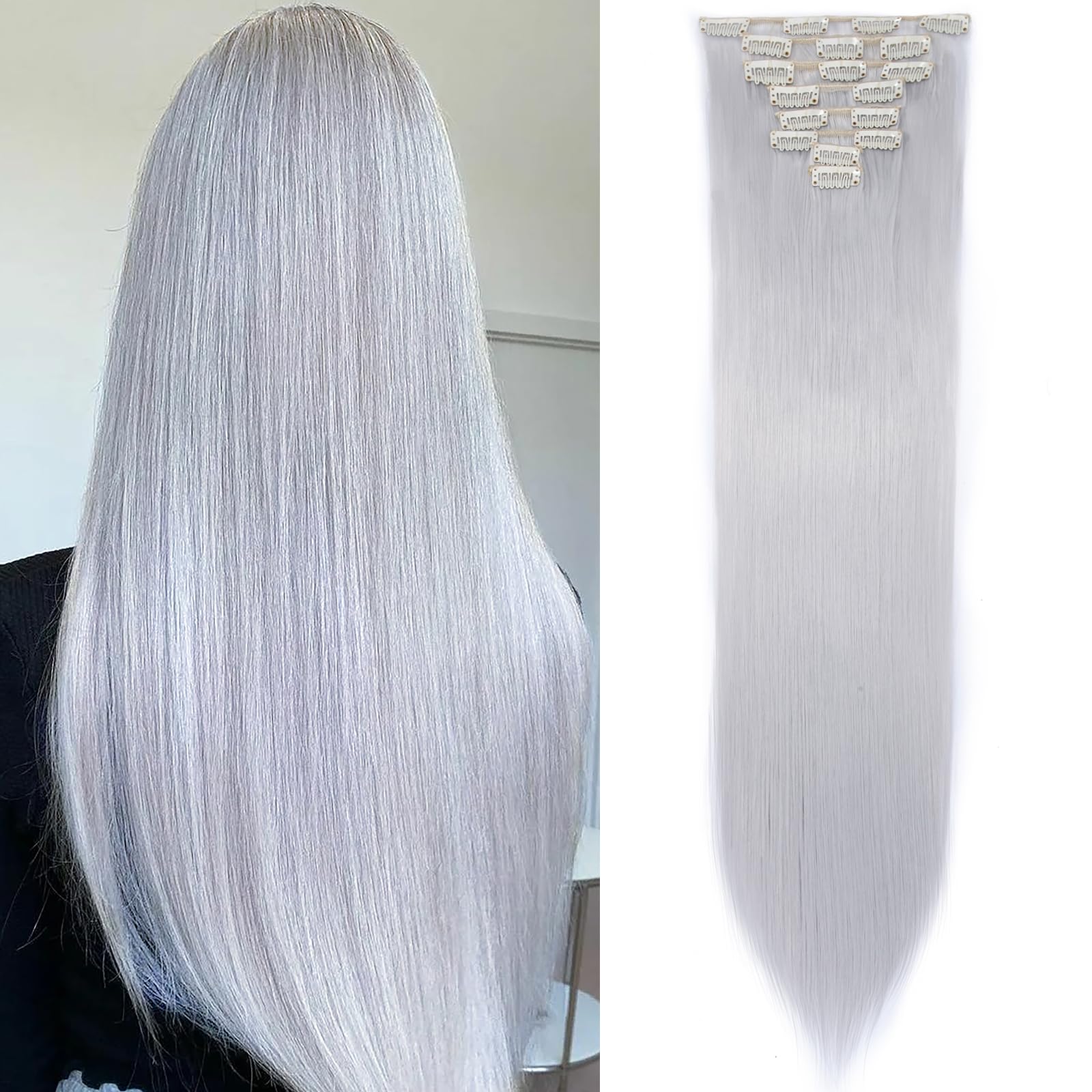 SEGOHAIR 23" Long Curl Clip in Hair Extensions - 8 Pcs, 18 Clips, Synthetic Fiber, Seamless, Full Head - Silver Gray