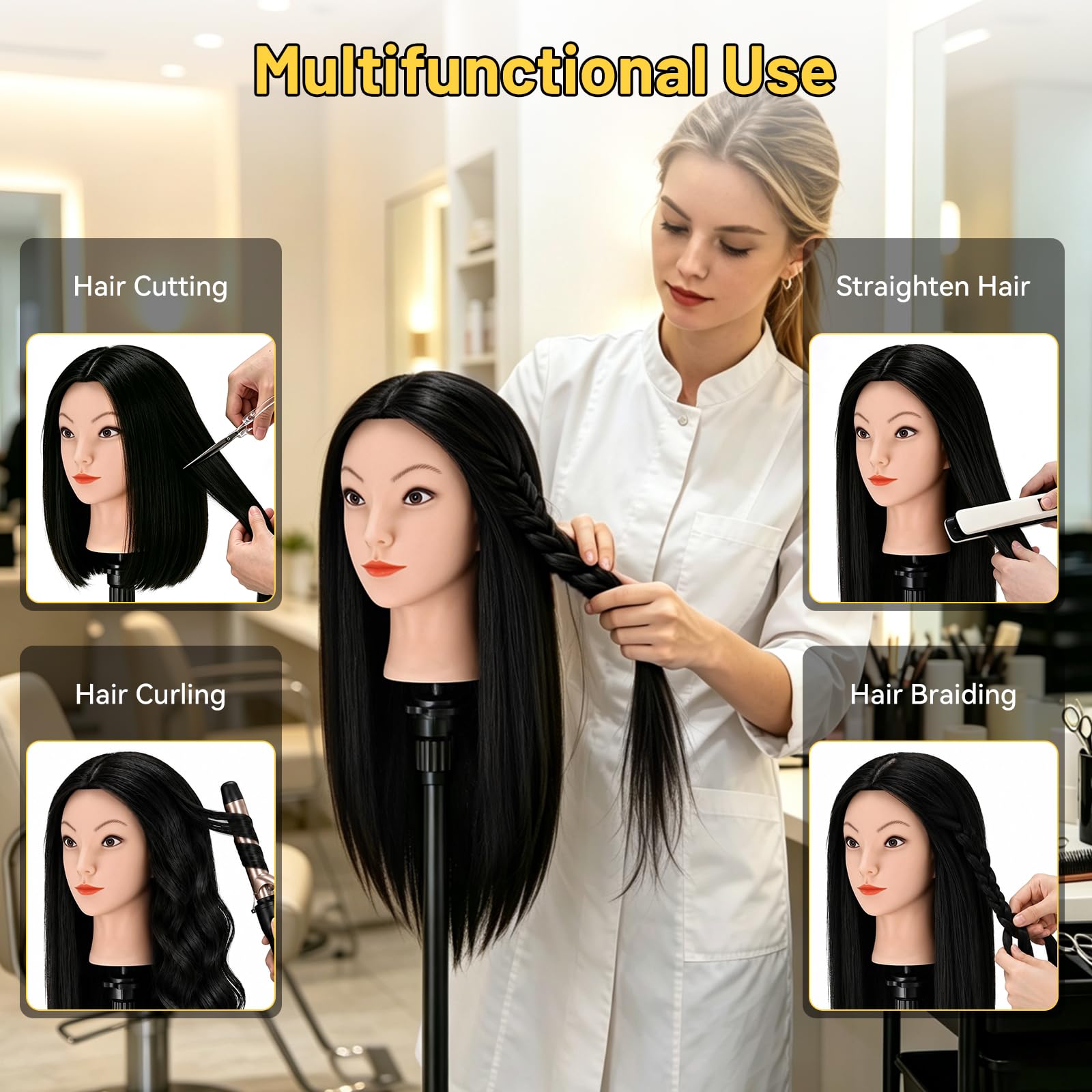 Yofuly Friseur-Trainingskopf, 45,7 cm, 100 % Echthaar, Manikin-Kosmetologie-Puppenkopf zum Flechten & Haarstyling, Übungskopf mit Tischklemme + DIY Zopf-Set (schwarz)