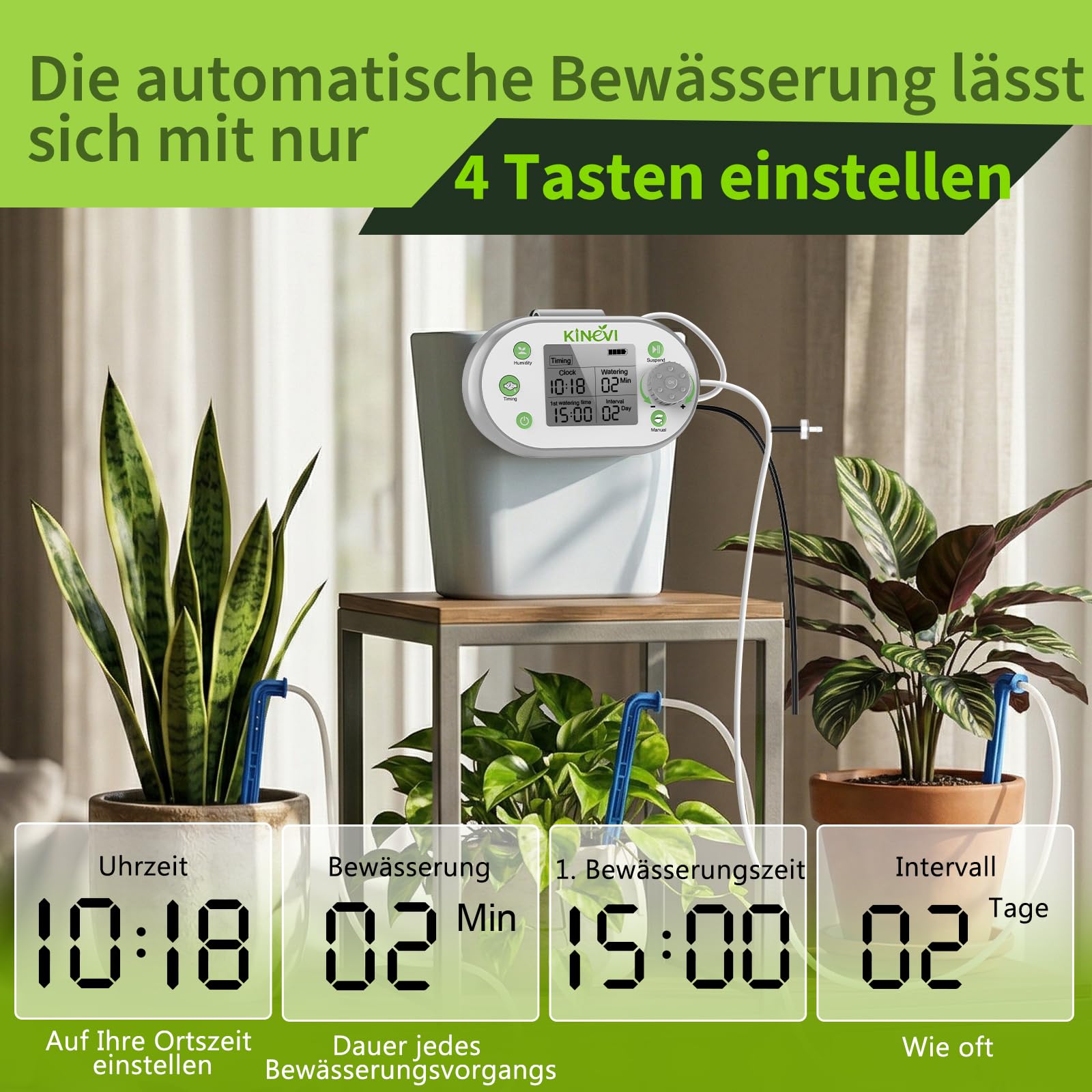 Automatisches Bewässerungssystem mit Feuchtigkeitssensor, 300-Modi-Timer, 15M Schlauch & 15 Tropfern, Urlaubs Pflanzen bewässerung für Balkon, Innenbereich & Gewächshaus