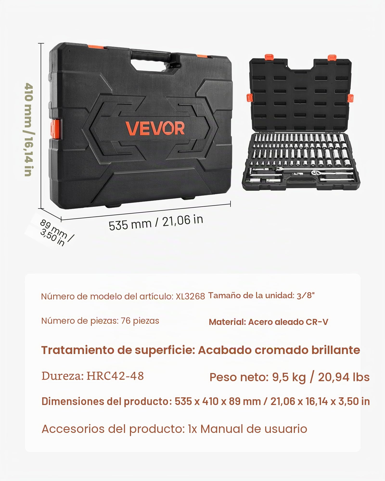 VEVOR Juego de Vasos de 9,5 mm, SAE y Métricos, con Carraca Profunda y Poco Profunda, con Accesorios y Estuche, Acero de Aleación CR-V, para Reparación de Automóviles, 535 x 410 x 89 mm, 76 uds