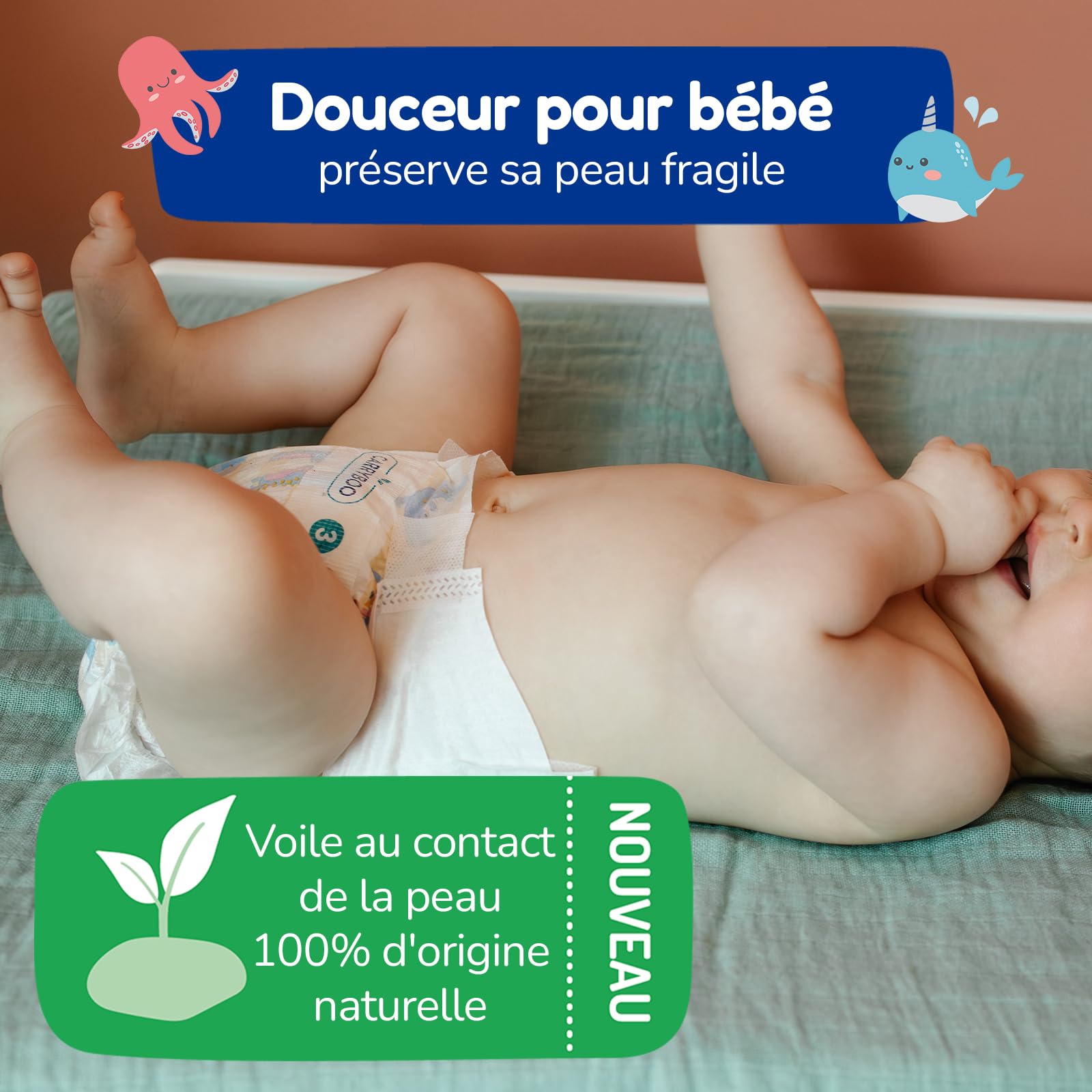 CARRYBOO Couches Taille 5 (12-25kg) Peaux sensibles Ultra absorbantes 12h Anti-fuites Fabriquées en France 120 Couches Pack 1 Mois
