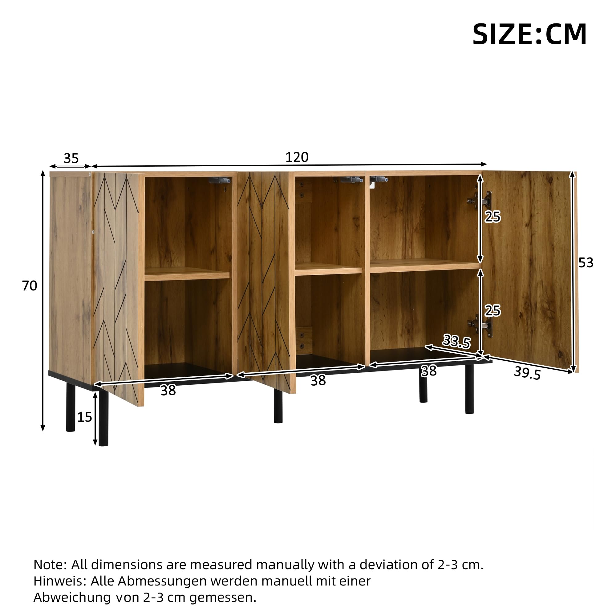 MURUL Aparador moderno de 120 x 35 x 70 cm, con 3 puertas y taquillas, diseño ondulado, de madera aglomerada resistente con patas de metal, soporta hasta 50 kg, para salón, comedor, pasillo, color