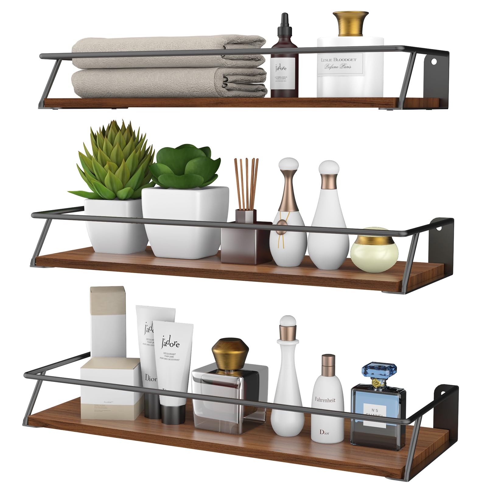 Floating Shelves for Wall, Home Decor Storage, Wood Shelf for Wall Storage, 3 Sets of Metal Wall Mounted Shelves with Rail for Bedroom, Bathroom, Living Room, Kitchen