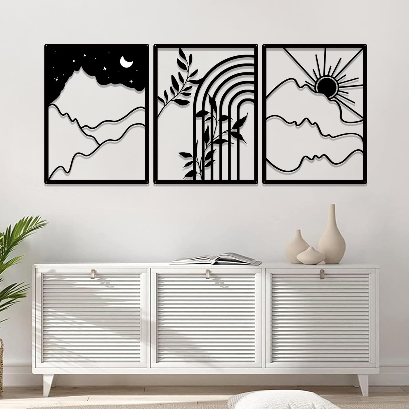 3 Pcs Boho Sun and Moon Black Metal Wall Decor,Metal Abstract Wall Art,Bohemian Line Wall Decor for Home Bedroom Living Room(22 * 16.5in)