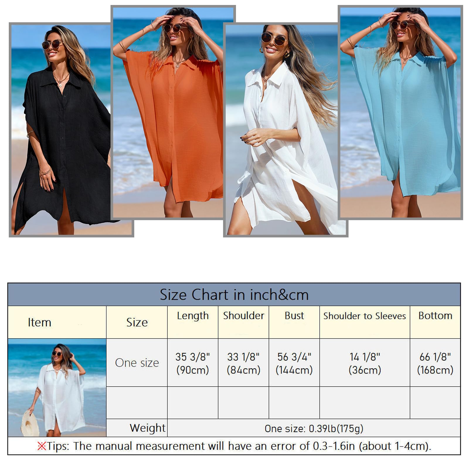Tiakay Chemise Cache Maillot de Bain pour Femme | Col V Manches Courtes À Boutons Lin Oversizé Cover Up| Couverture Bikini Été Plage