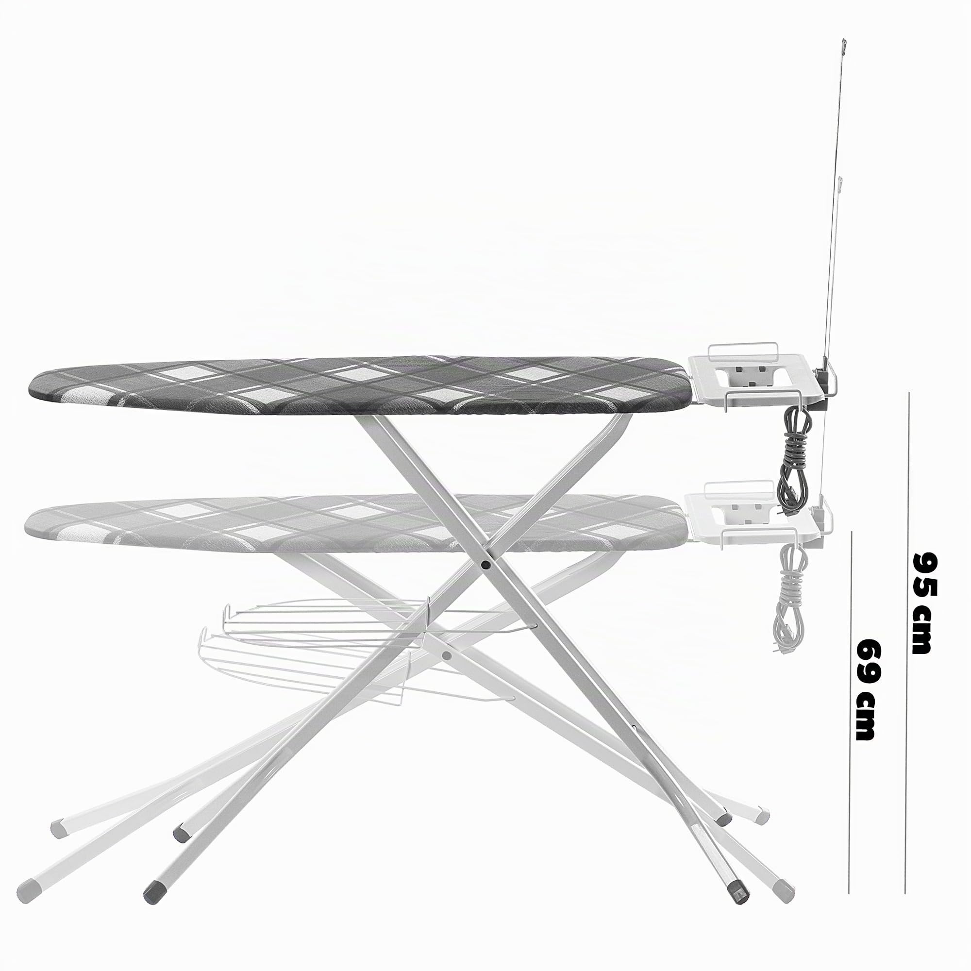 KADAX tabla plegable, 120 x 38 cm, con enchufe y pies antideslizantes, altura ajustable, bandeja para plancha (planchar)