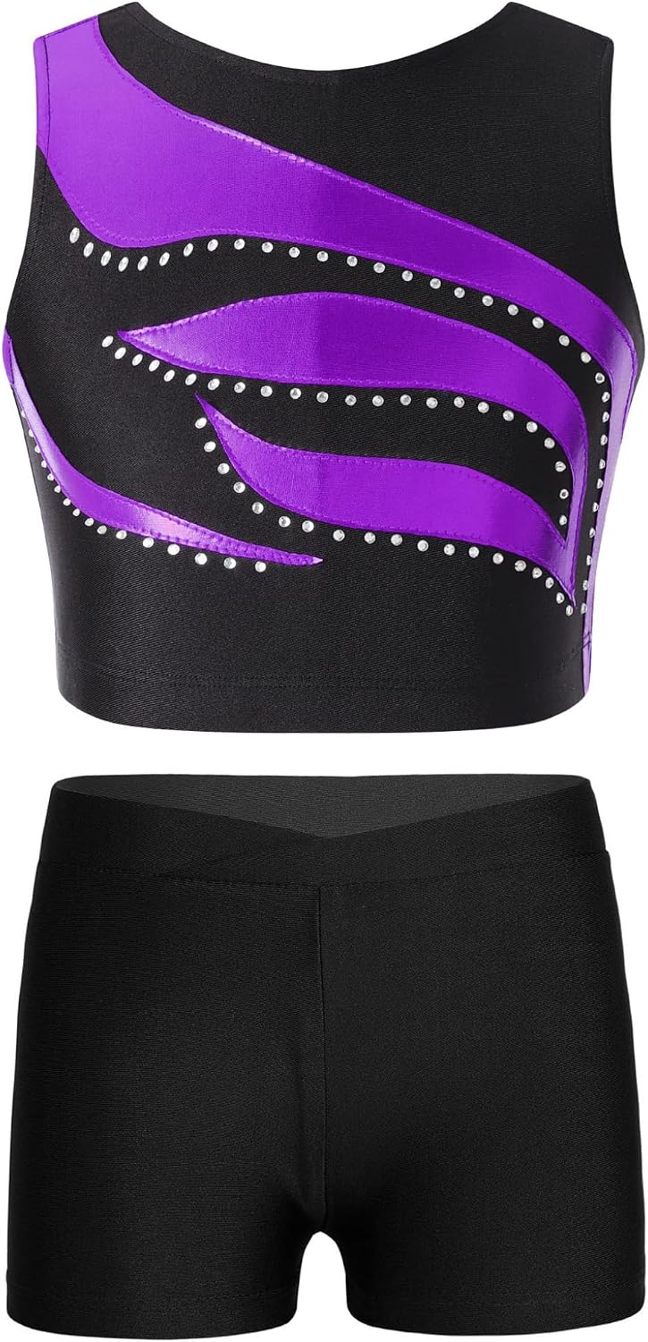 Kids Girls 2Pcs Dance Outfits Clothing Sets for Sport Gym Workout Crop Tops with Shorts Set Tracksuit Swimwear