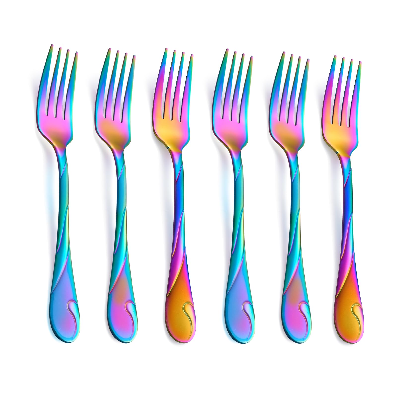 Seeshine Rainbow Salad Fork Set, 6.9-inch Stainless Steel Rainbow Dessert Forks, 6-Piece Shiny Rainbow Metal Small Cake Fork, Iridescent Silverware Set, Dishwasher Safe