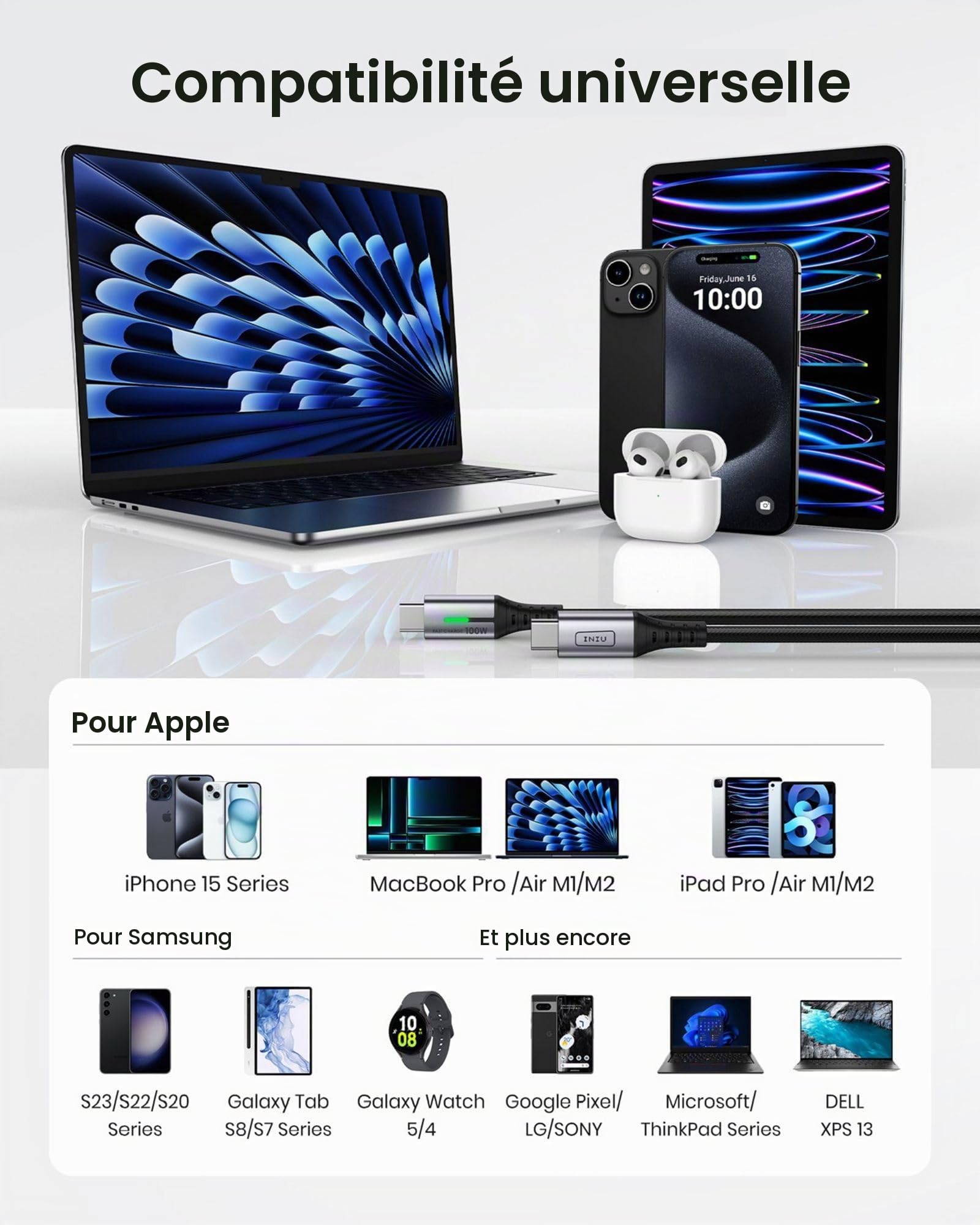 INIU Batterie Externe, 140W Power Bank 27000mAh, Batterie Portable USB C Input & Out & Câble USB C, 2m 100W PD 5A Cable USB C Charge Rapide QC 4.0 Chargeur Type C Nylon Tressé