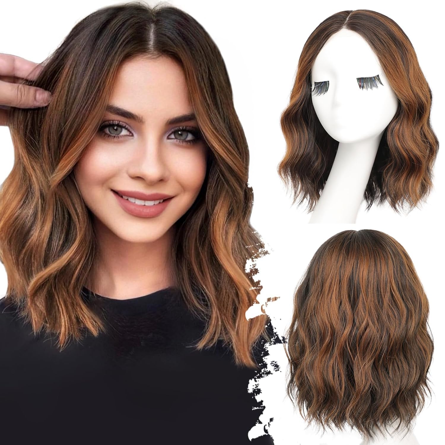 Dark Brown Mixed Chestnut Short Wavy Wig for Women Lace Hairline Bob Style Synthetic Heat Resistant - Natural Appearance for Everyday Hairstyle 14 Inch 14 Inch Dark Brown Mixed Chestnut