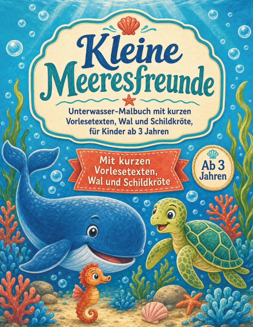 Kleine Meeresfreunde: Unterwasser-Malbuch mit kurzen Vorlesetexten, Wal und Schildkröte, für Kinder ab 3 Jahren