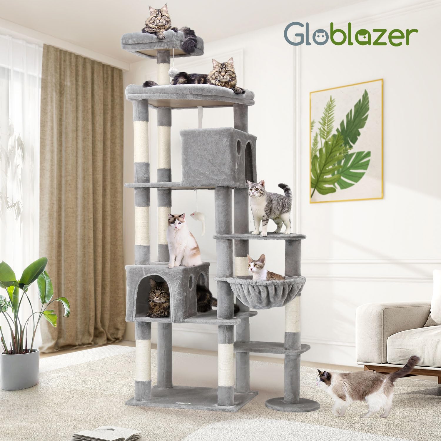 Globlazer Drapak XXL dla dużych kotów, duży, wysoki 213 cm, z 2 domkami dla kotów, platforma 55 x 45 cm, drążek do siedzenia, kosz, luksusowa wieża dla kotów, stabilna, dla 3-5 kotów, dorosłych (F83