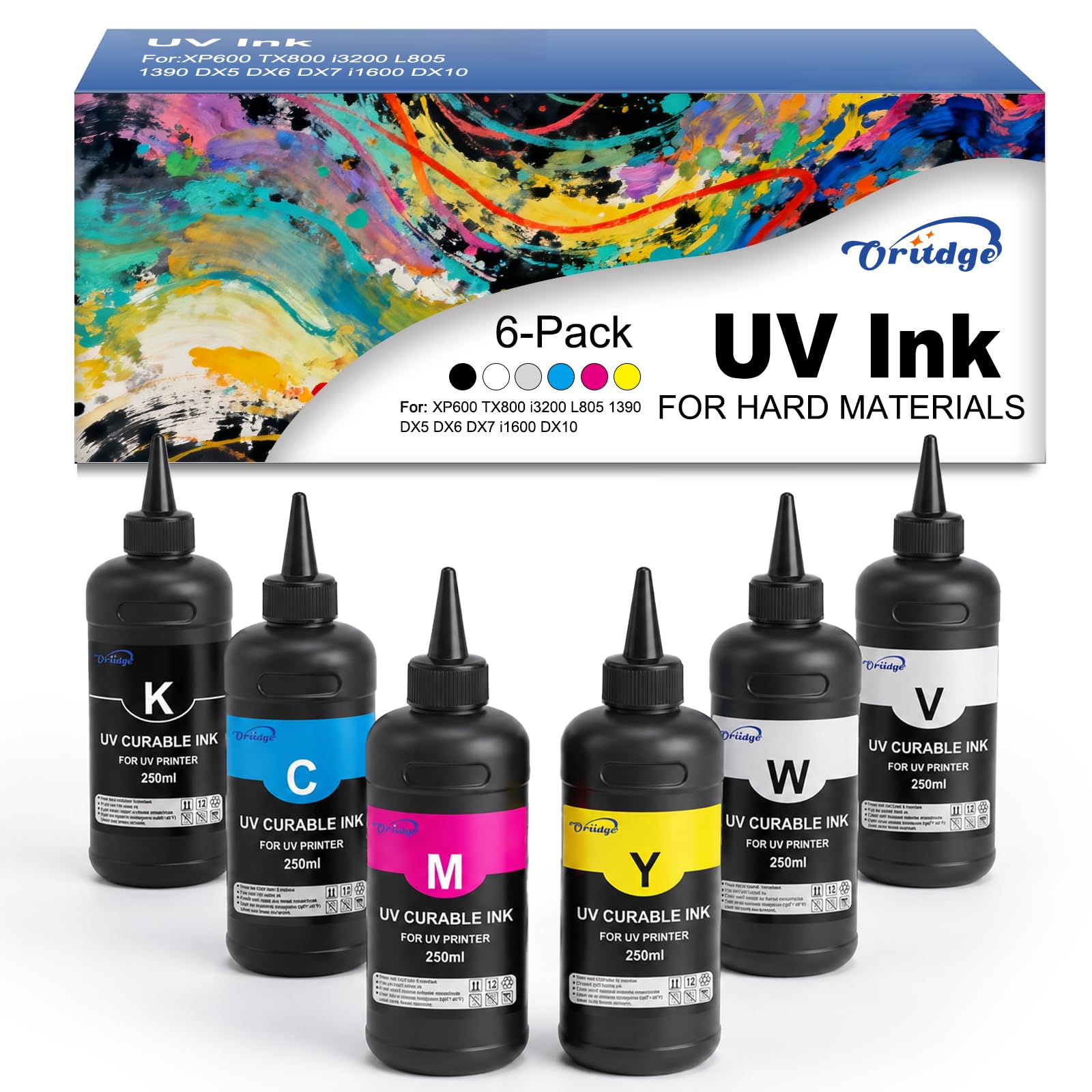 Encre UV pour matériaux durs, UV Hard Ink 500-ml Compatible pour XP600 TX800 i3200 i1600 L805 1390 DX4 DX5 DX6 DX7 DX10 Tête d'impression Imprimante pour acrylique, verre, bois, métal(CMYKWV)