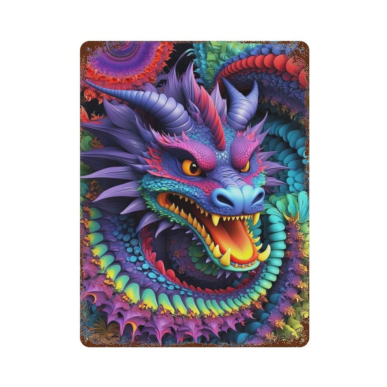 Distressed Metal Wall Sign with Vibrant Dragon Dance Design 15.7"x11.8", for Living Room, Hallway And Home Decor, Vintage Wall Decor