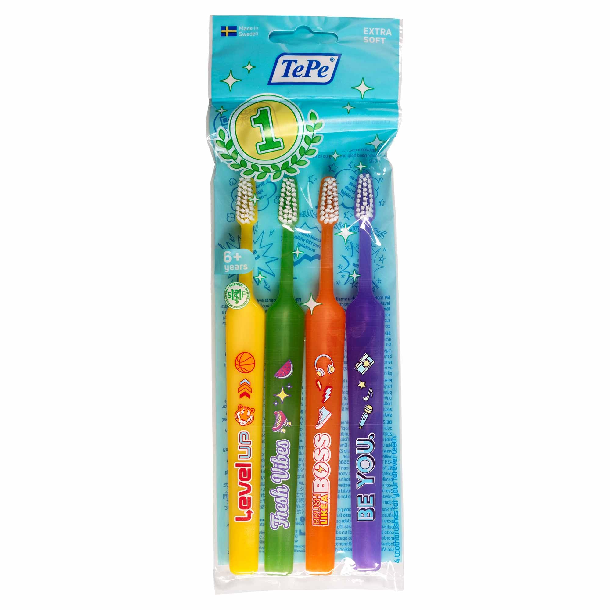 TePe Select Compact Toothbrush, Kids Extra Soft, Mixed Pack, 4pcs, Kids Toothbrush, Soft Bristle Toothbrush for Gentle and efficient Cleaning