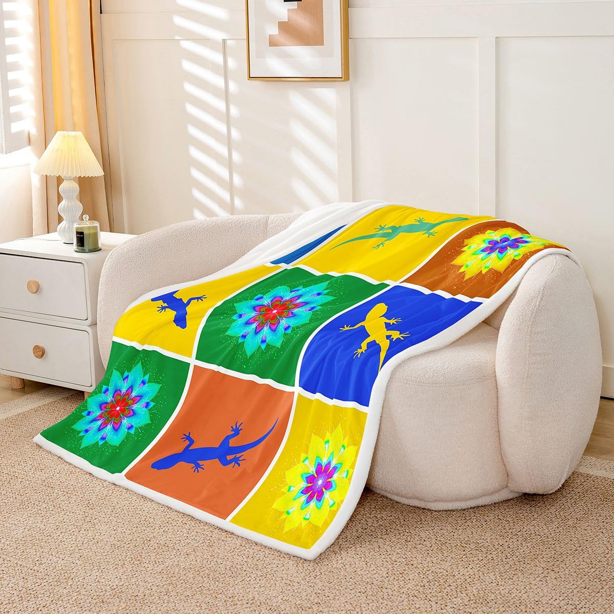Homewish Gekonowy koc polarowy, egzotyczny, ciepły, pluszowy, sherpa, pop-art, mandala, jaszczurka, kolorowy, puszysty, pluszowy, patchworkowy, retro, boho, kwiat do salonu, sypialni, biura