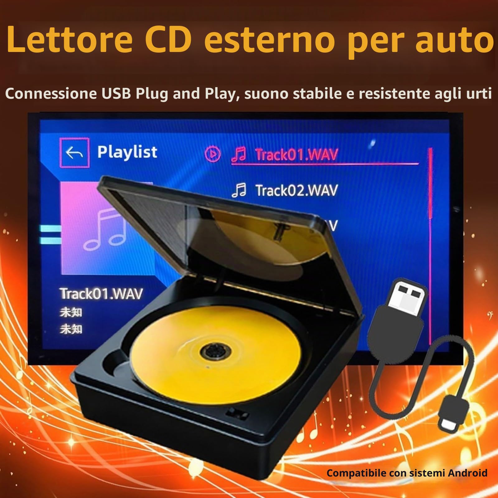 Lettore CD Portatile Esterno per Auto, Lettore CD per Auto con USB Progettato per l'integrazione con Sistemi di Navigazione Android per una Riproduzione CD Affidabile