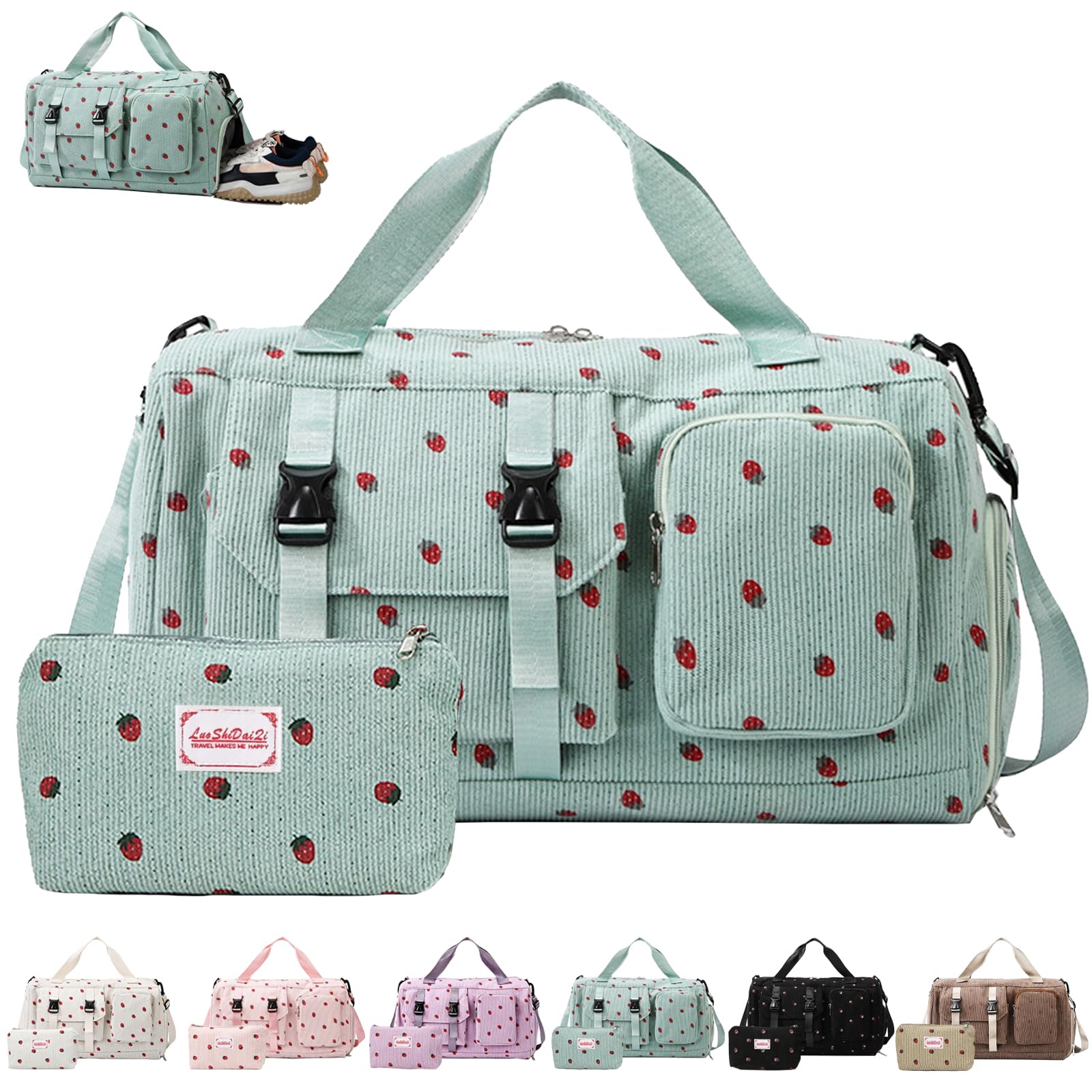 Bolsa de Deporte para Mujer, Pana Fresa Sporttasche con Compartimento para Zapatos, Compartimento y Billetera Pequeña para Mojados, Bolsa de Viaje für Viajar, Fitness, Deporte, 46x24x26 cm