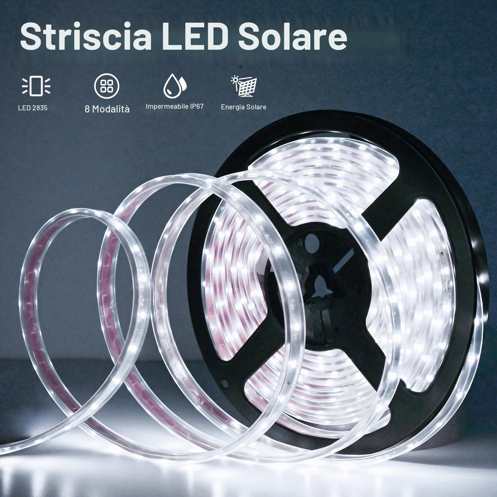 Striscia di luci a energia solare, 10 m, bianco freddo, 560 LED, per esterni, con telecomando, timer, copertura del tubo in PVC, striscia impermeabile per camera da letto, giardino, patio