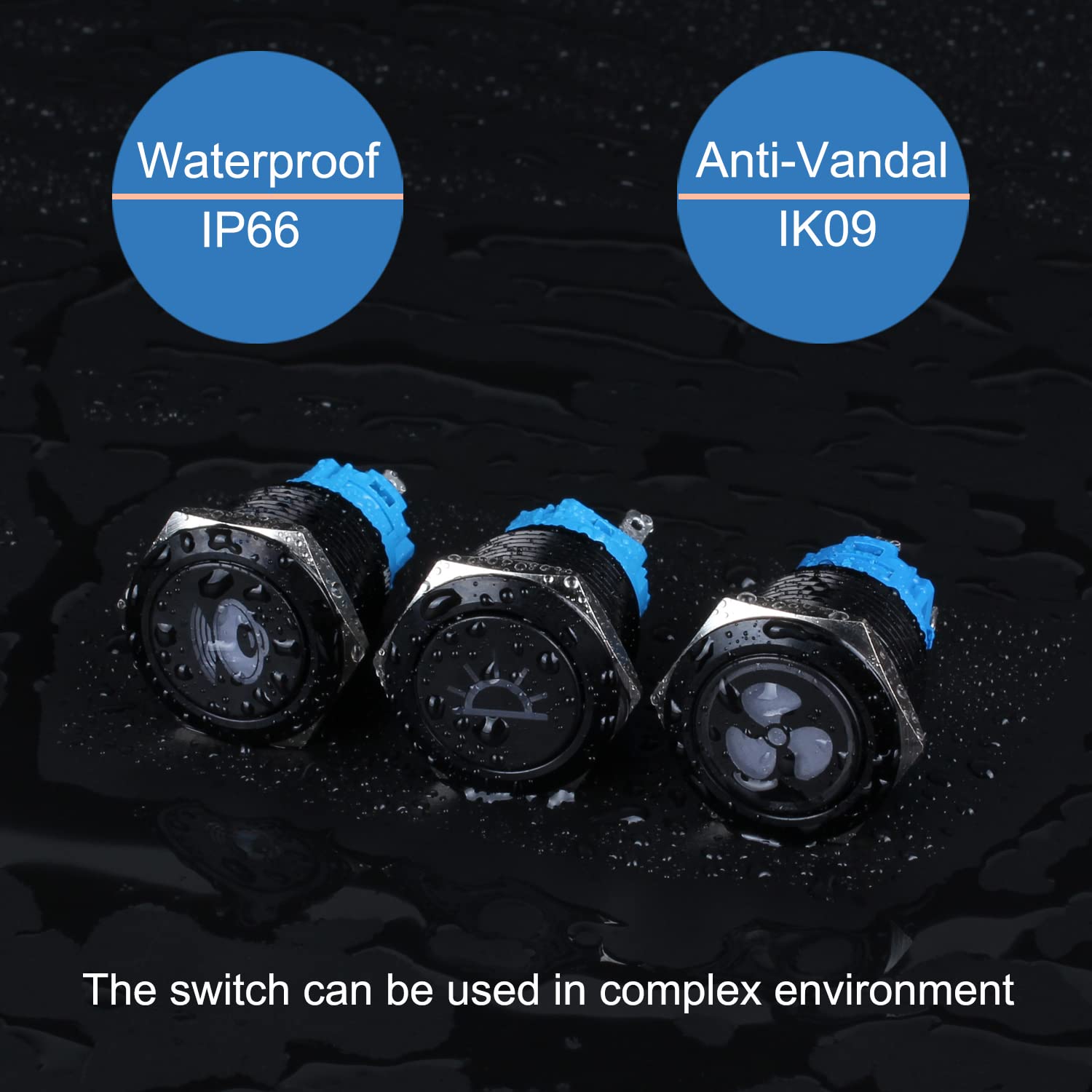 1pc 19mm Metal Latching Push Button Switch Fan Symbol 3/4" Mounting Hole 12V-24V 1NO 1NC SPDT with Pre-Wired Socket for Car Truck Boat Modification (Black Shell Blue LED)