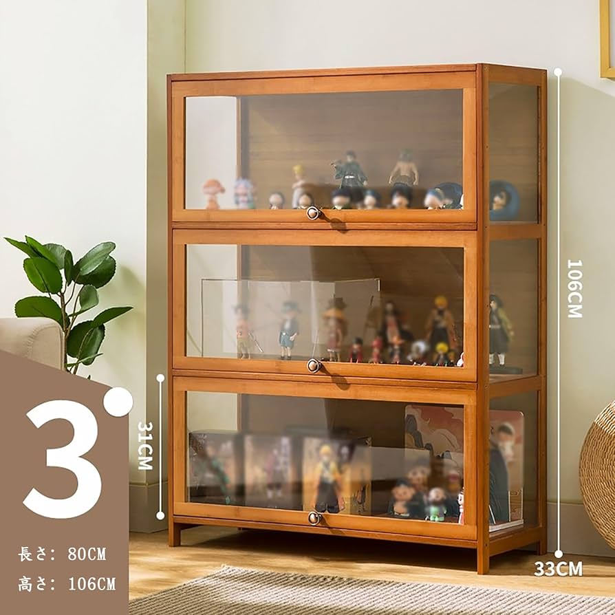 木製三段コレクションケース　　(即購入可能) 3段 コレクションケース アクリル 木目 木製 幅60cm 段差式 LED