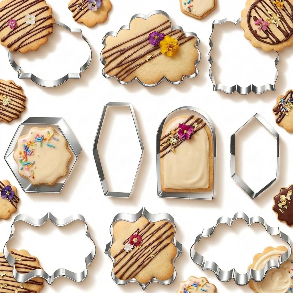 10PCS Stainless Steel Plaque Frame Cookie Cutters - Variety Shapes Fondant Cutters for Baking Wedding Birthday Christmas Metal Biscuit Molds for DIY Decorations