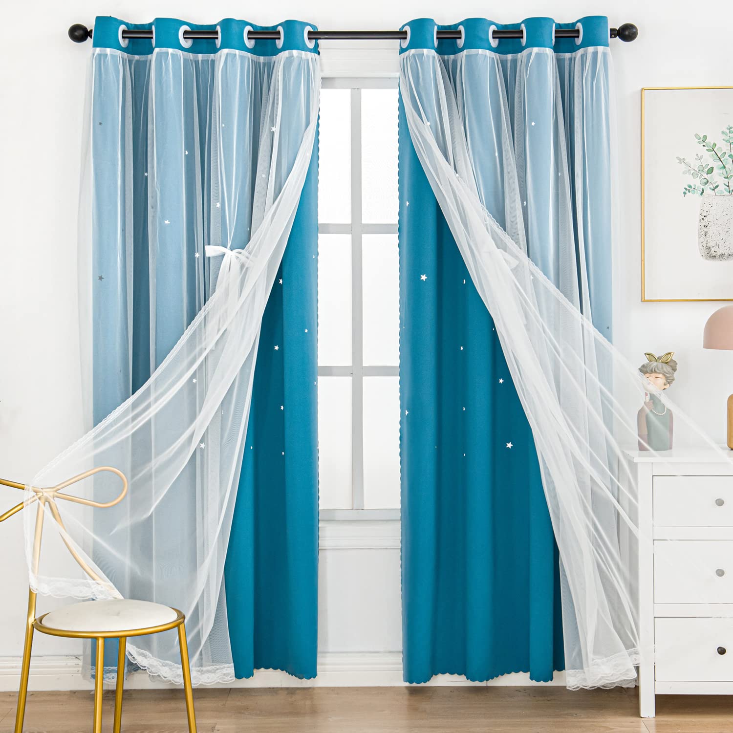 UNISTAR 2 Panels Stars Blackout for Bedroom Living Room Girls Kids Baby Room, Double Layer Star Cut Out Window Curtain, W52 x L63 Inch Length, Turquoise