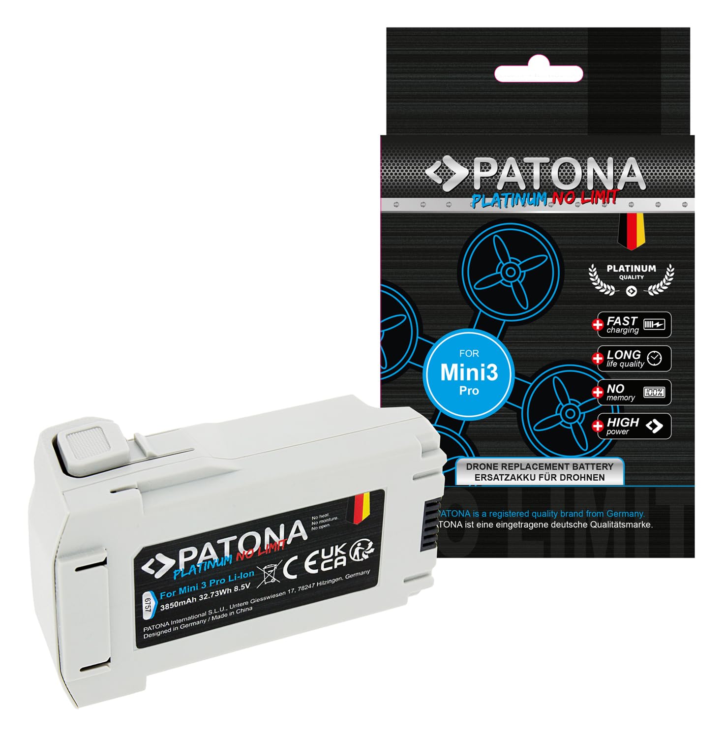 PATONA Platinum - Batería de repuesto para CP.MA.00000498.01, BWX162-2453-7.38 (3850 mAh, 32,73 Wh, 8,5 V, ion de litio) compatible con drones DJI Mini 3 Pro, con protección contra sobrecarga y