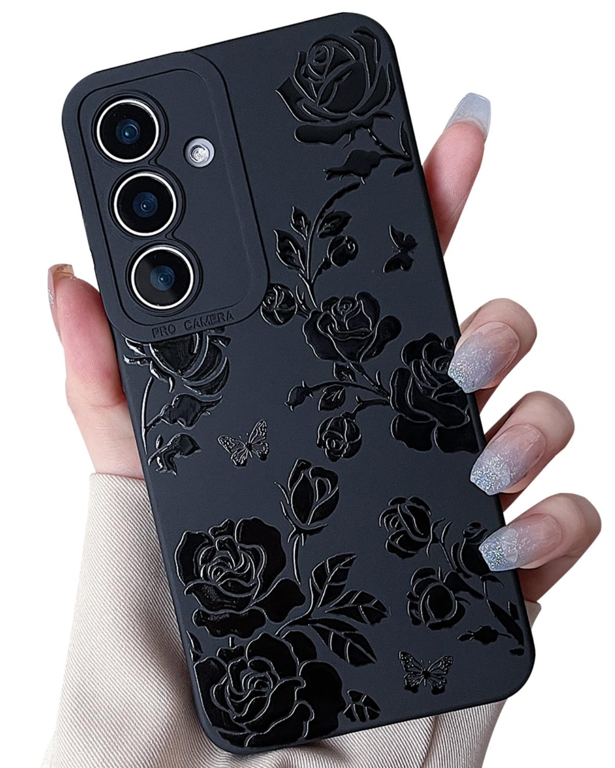 MINSCOSE Compatible with Samsung Galaxy S24 Case,Cute Rose Flower Butterfly Cool Black Solid Design,Soft Silicone Slim Thin Girly Phone Case