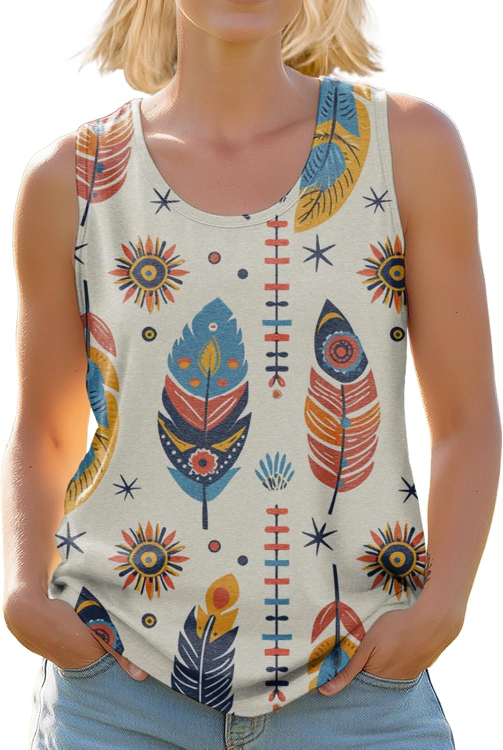 Summer Shirts for Women Sleeveless Loose Fit Plus Size Beach Cute Pattern Workout Sports Scoop Neck Tees