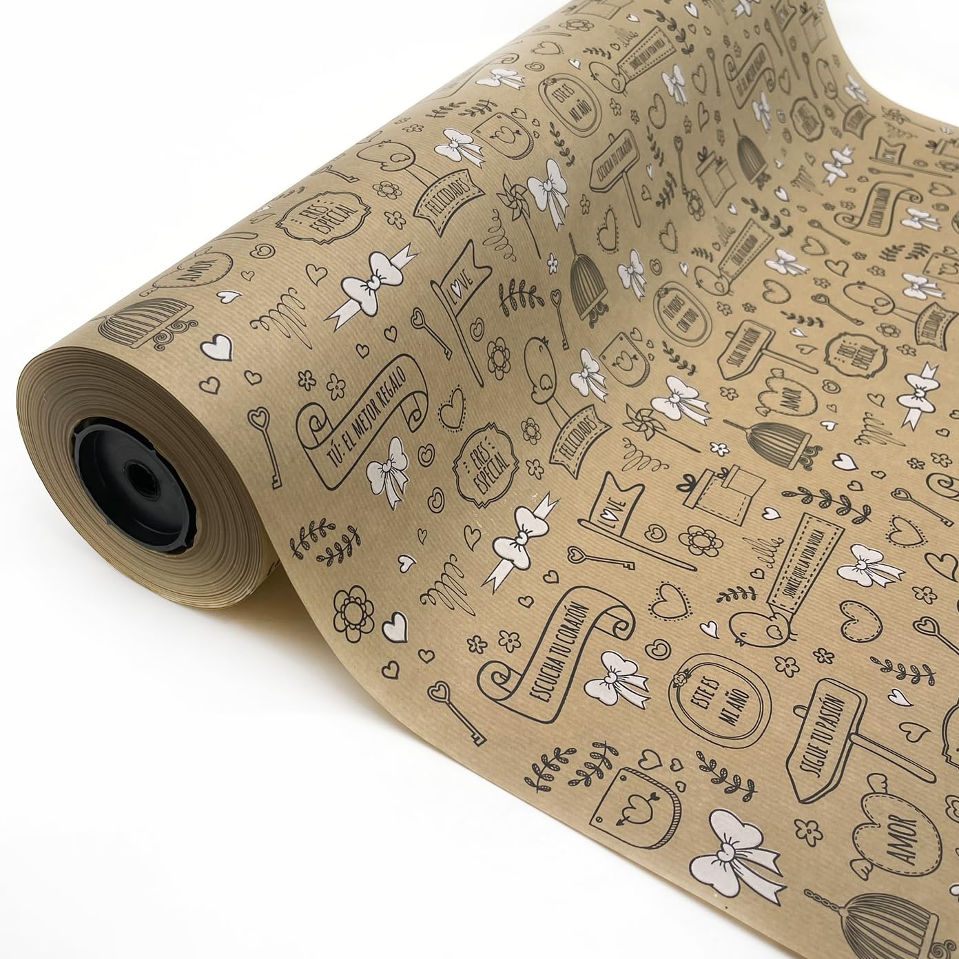 Papel de regalo kraft verjurado en rollo de 62CM x 100M con frases positivas. Ideal para: Comercios, envolver regalos, aniversarios, cumpleaños y celebraciones Navideñas. (POLLITOS)