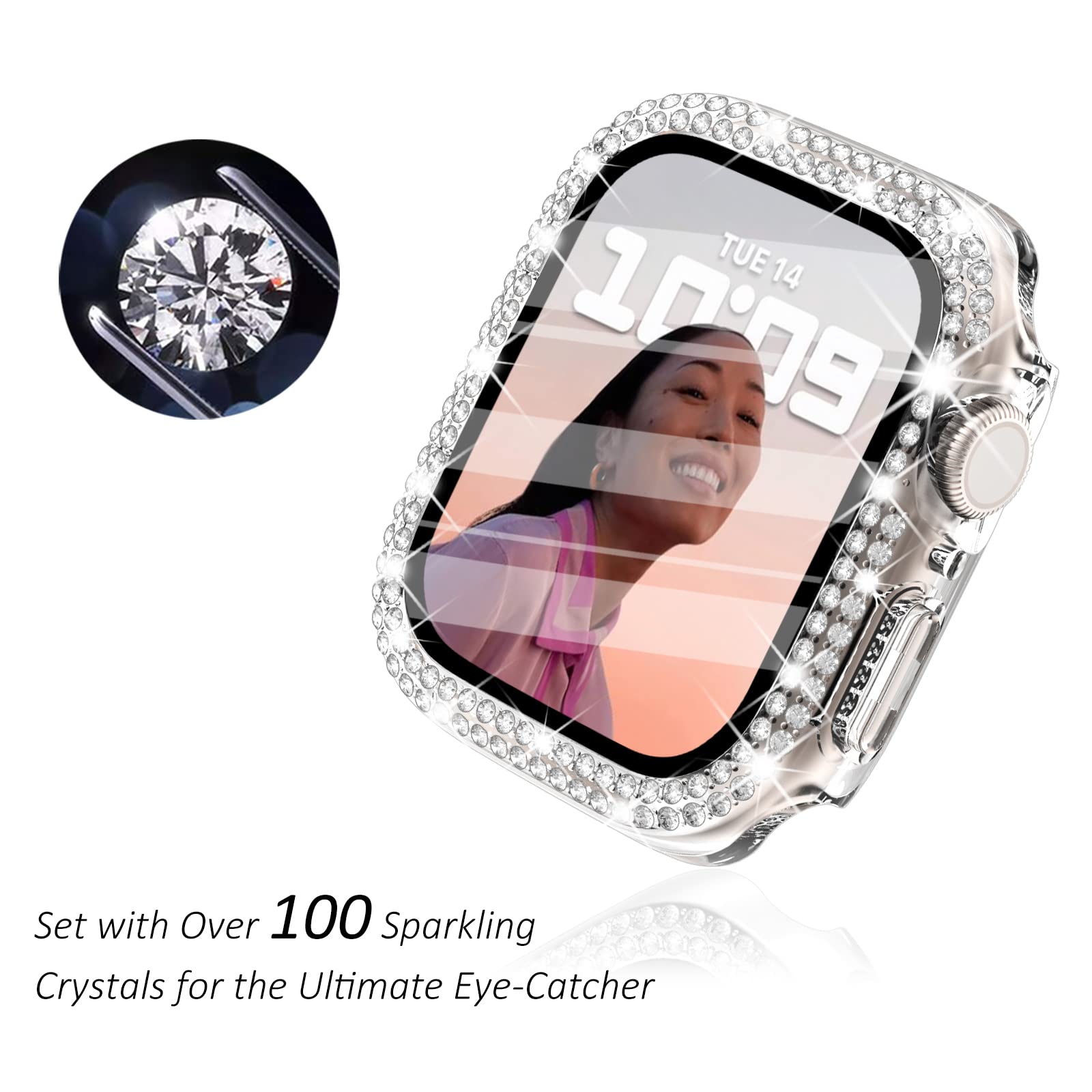 WINGLE Compatible with Apple Watch Screen Protector 44mm SE 3 2 1/ Series 6 5 4, Women Shiny Diamond Cover with Tempered Glass Screen Protector for Apple Watch Case 44mm,Clear — view 2