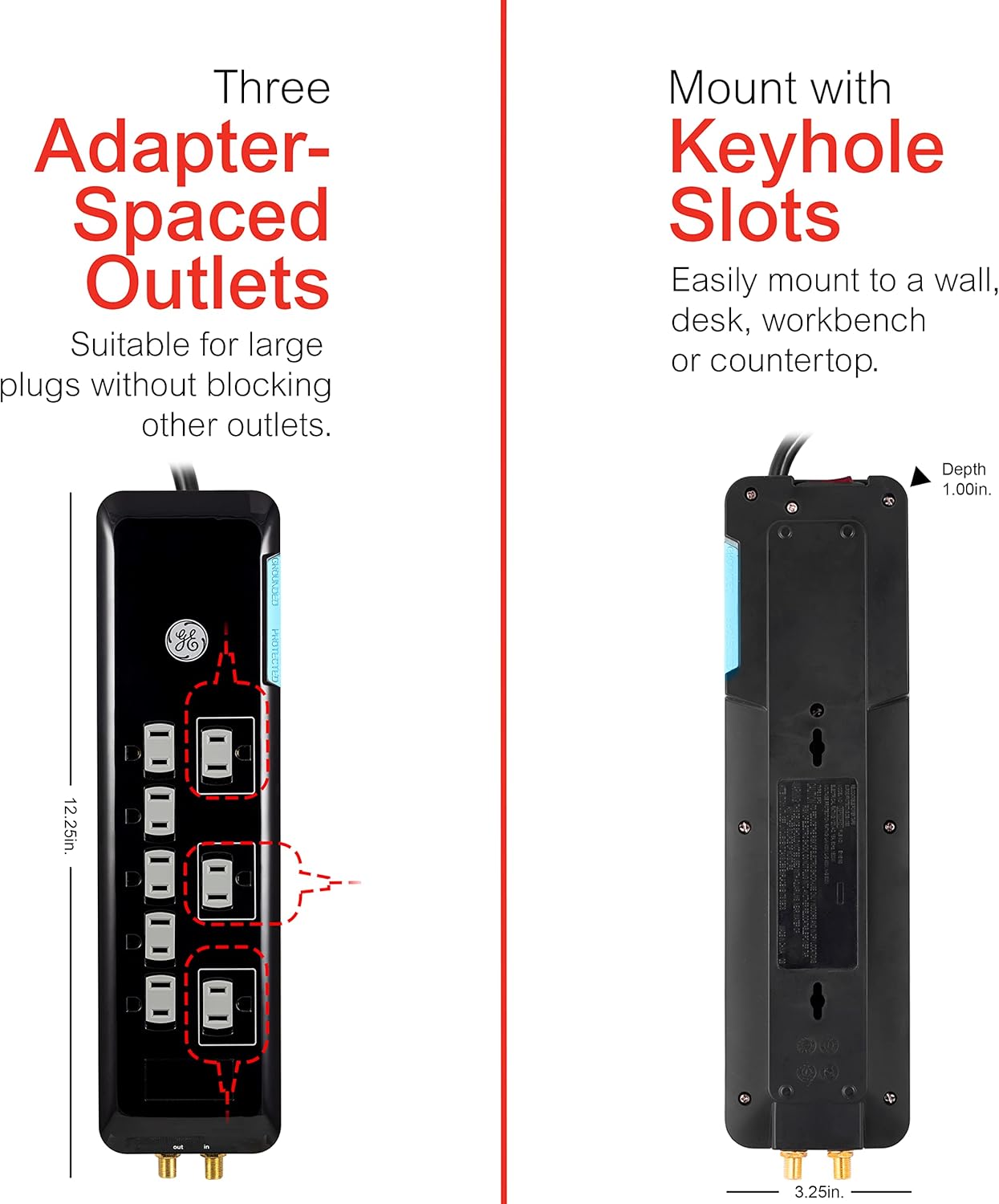 GE Home Electrical GE UltraPro 8 Outlet Surge Protector, 4 Ft Power Cord, 2160 Joules, Flat Plug, Power Filter, Circuit Breaker, UL Listed, Black, 34461