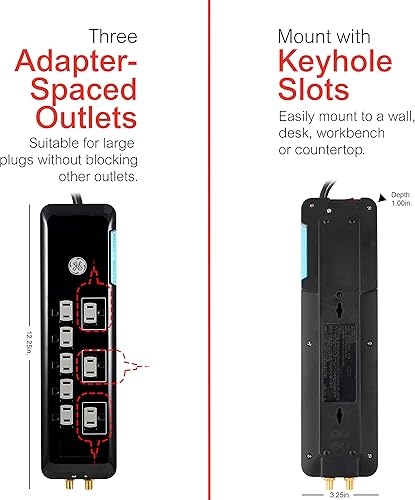 Miniatura 5 de GE UltraPro 34461 Protector SurGE de 8 tomas, cable de alimentación de 4 pies, 2160 julios, enchufe plano, filtro de corriente, disyuntor,