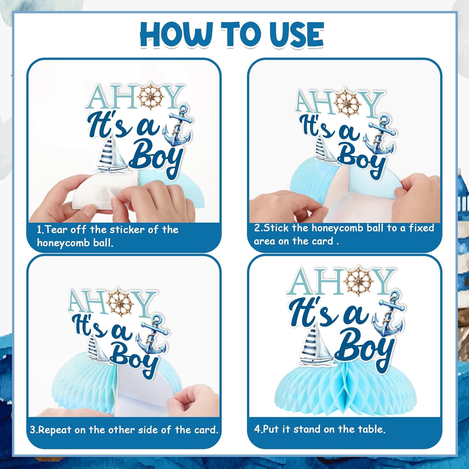 Kreatwow Nautical Baby Shower Table Centerpieces 8Pcs Ahoy It's A Boy Baby Shower Decorations Honeycomb Centerpieces Watercolor Nautical Table Decorations Ocean Anchor Boat Theme Birthday Supplies