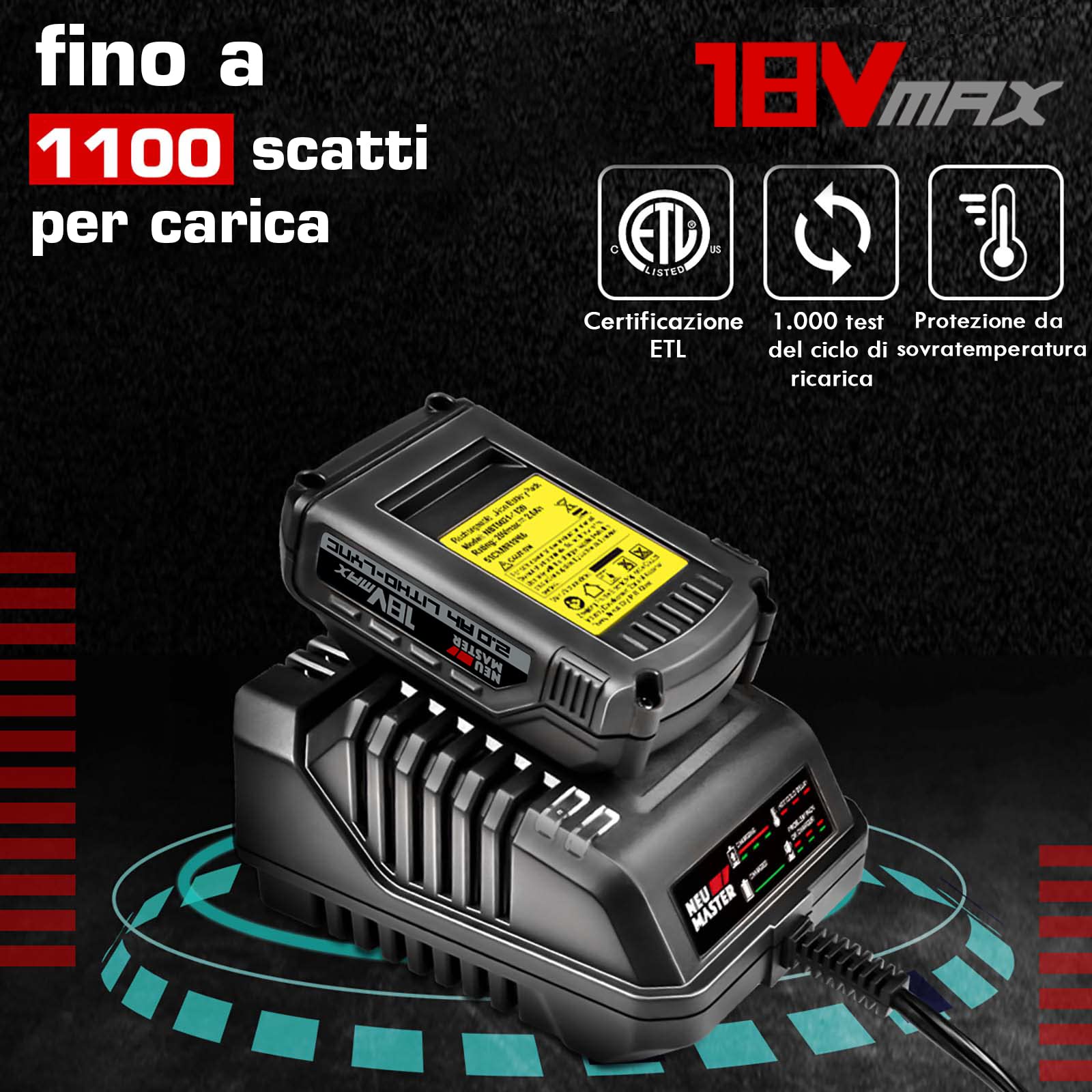 NEU MASTER Sparachiodi a Batteria, Pistola Graffatrice a Batteria, Chiodatrice Elettrica com Batteria e Caricabatteria, 200 Graffe e 800 Chiodi