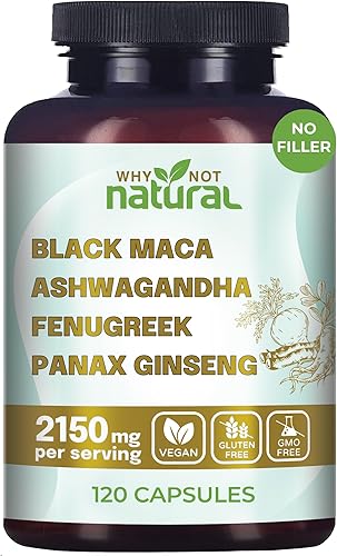 Why Not Natural Raíz de maca negra orgánica 4 en 1, Ashwagandha, fenogreco, cápsulas de Panax Ginseng, suplemento para hombres y mujeres (120